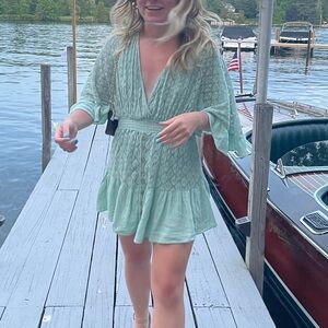 Free People Sage Green Lace V-Neck Mini Dress romper